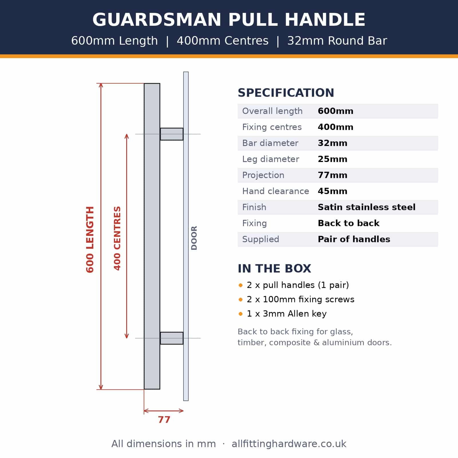 600mm guardsman pull handle dimensions – 400mm centres, 32mm bar, 77mm projection