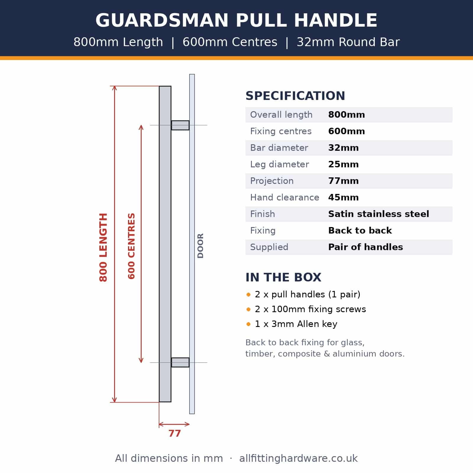 800mm guardsman pull handle dimensions – 600mm centres, 32mm bar, 77mm projection
